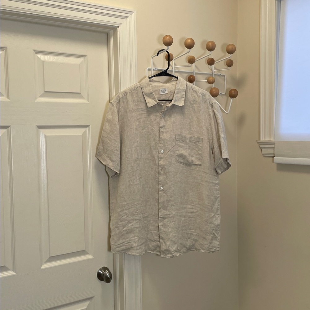 Cello - Classic Old Money Linen Short Sleeve Button Down - Cream - XL